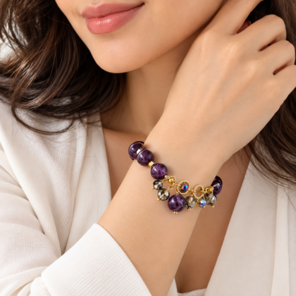 Natural Amethyst Stone Bracelet – 10mm Beads, 22cm Gold-Plated Hardware