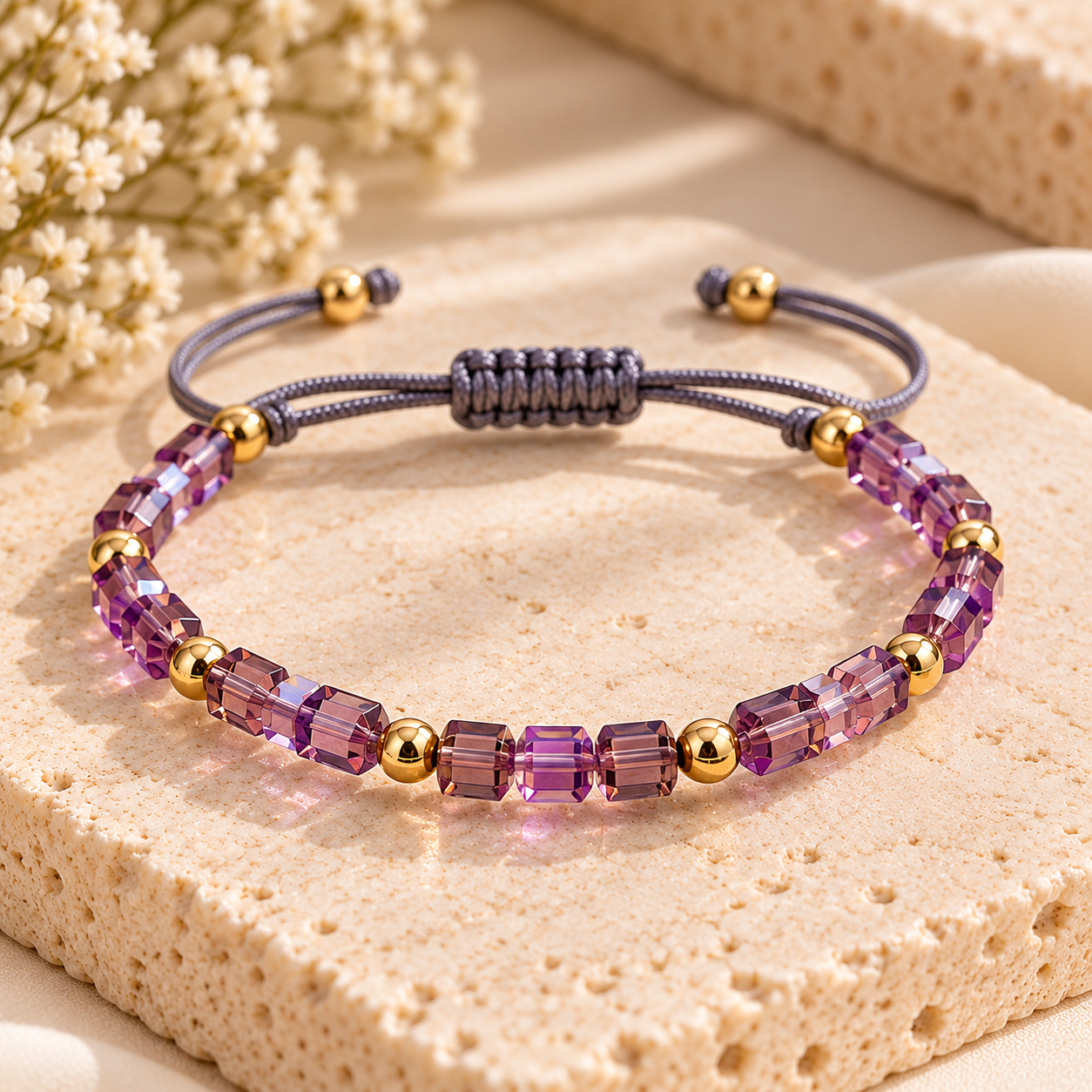 Purple Crystal Beaded Bracelet – Adjustable 22–28 cm