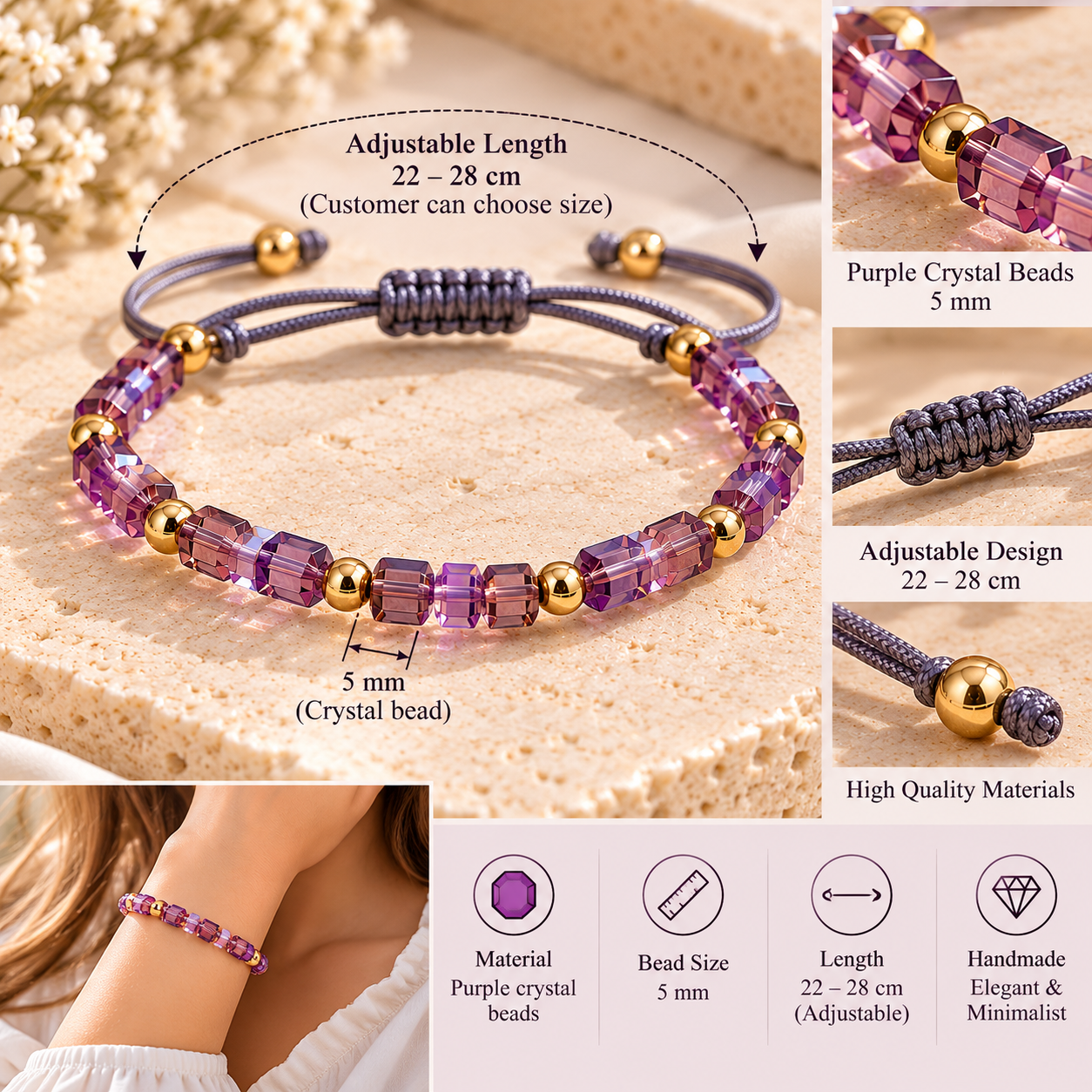 Purple Crystal Beaded Bracelet – Adjustable 22–28 cm - Image 2