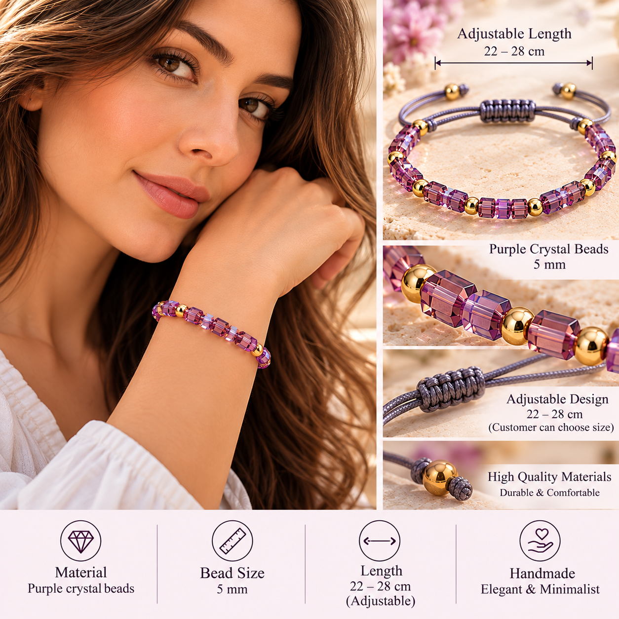 Purple Crystal Beaded Bracelet – Adjustable 22–28 cm - Image 3