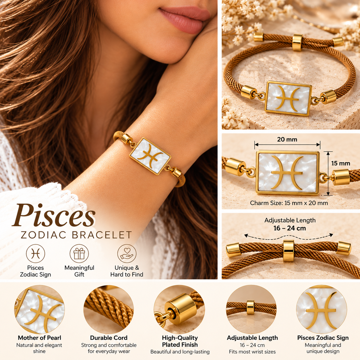 Pisces Zodiac Bracelet – Mother of Pearl Charm - Image 3