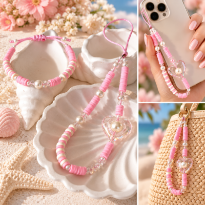 Handmade Pink FIMO Bag & Phone Charm – Beaded Accessory