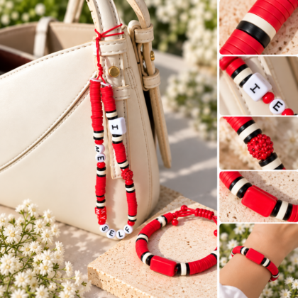Handmade Red FIMO Bag & Phone Charm – MUSIC Beaded Accessory