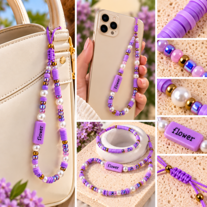 Handmade Purple FIMO Beaded Bracelet & Necklace Set – Flower Design