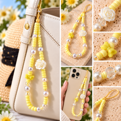 Handmade Yellow Beaded Bag & Phone Charm – Floral & Pearl Design