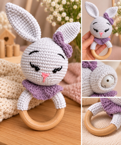 Handmade Crochet Bunny Baby Teething Ring – Wooden Teething Toy